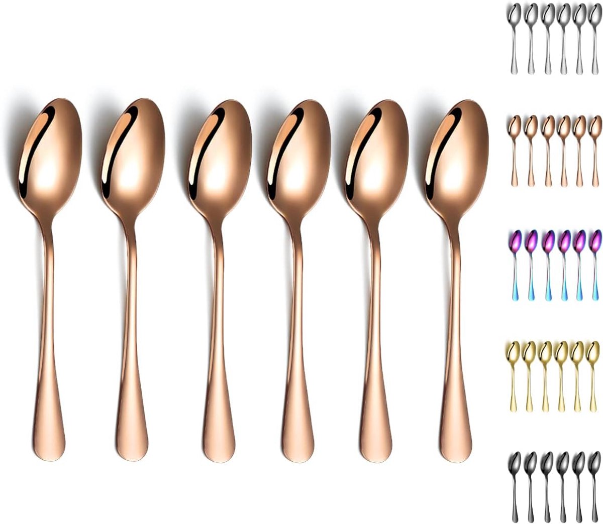 SnelShoppen - Set van 6 Roze Gouden Tafellepels 20cm Roestvrij Staal met Titanium Koper Coating - Luxe Soep- en Nagerechtenlepels voor Feesten en Dage
