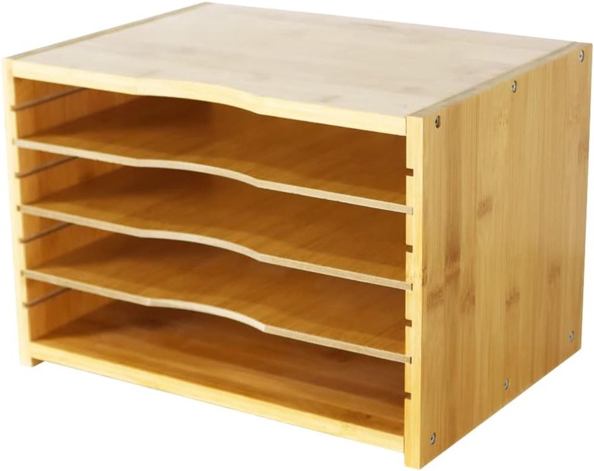 Bamboe Brief Organizer met 3 Verstelbare Planken, 3 Laags Papieren Tray voor Kantoor, Thuis en Studie, Ideaal voor Bureauopslag en Documentbeheer