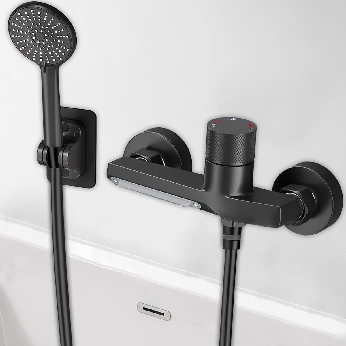 Waterval badkraan zwart met handdouche, messing mengkraan met 5 functies, 1.5m PVC slang,