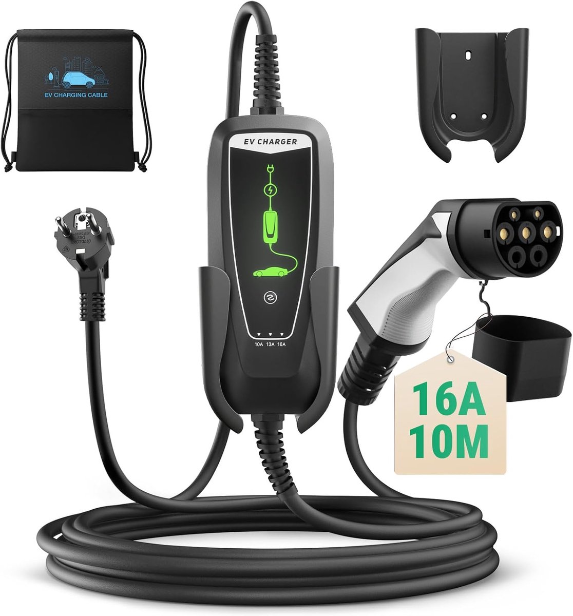 SnelShoppen - Type 2 EV Oplaadkabel Schuko 2-Pin 10-16A, 3.68KW, 10m Waterdichte Laadstation met Draagtas voor Elektrische Auto's en Hybride Voertuige
