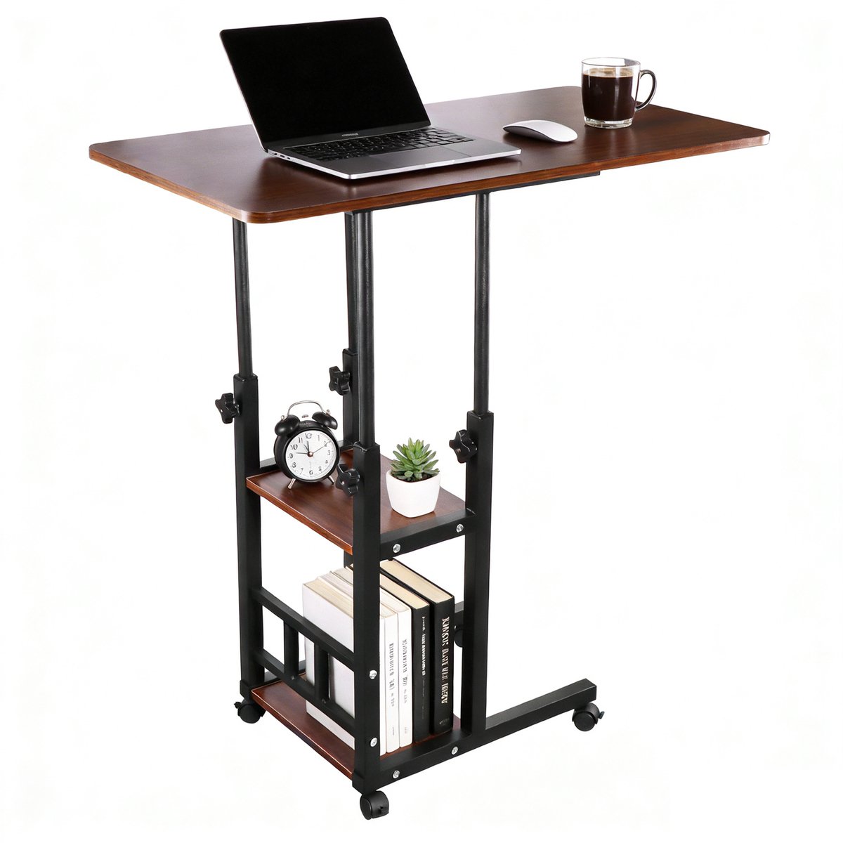 C-vormige Bijzettafel - Verstelbare Laptoptafel, Lemlit Bedtafel en Banktafel met Wielen, 2 Opbergplanken, 80 x 40 cm, 65-91 cm, Donkerbruin/Zwart