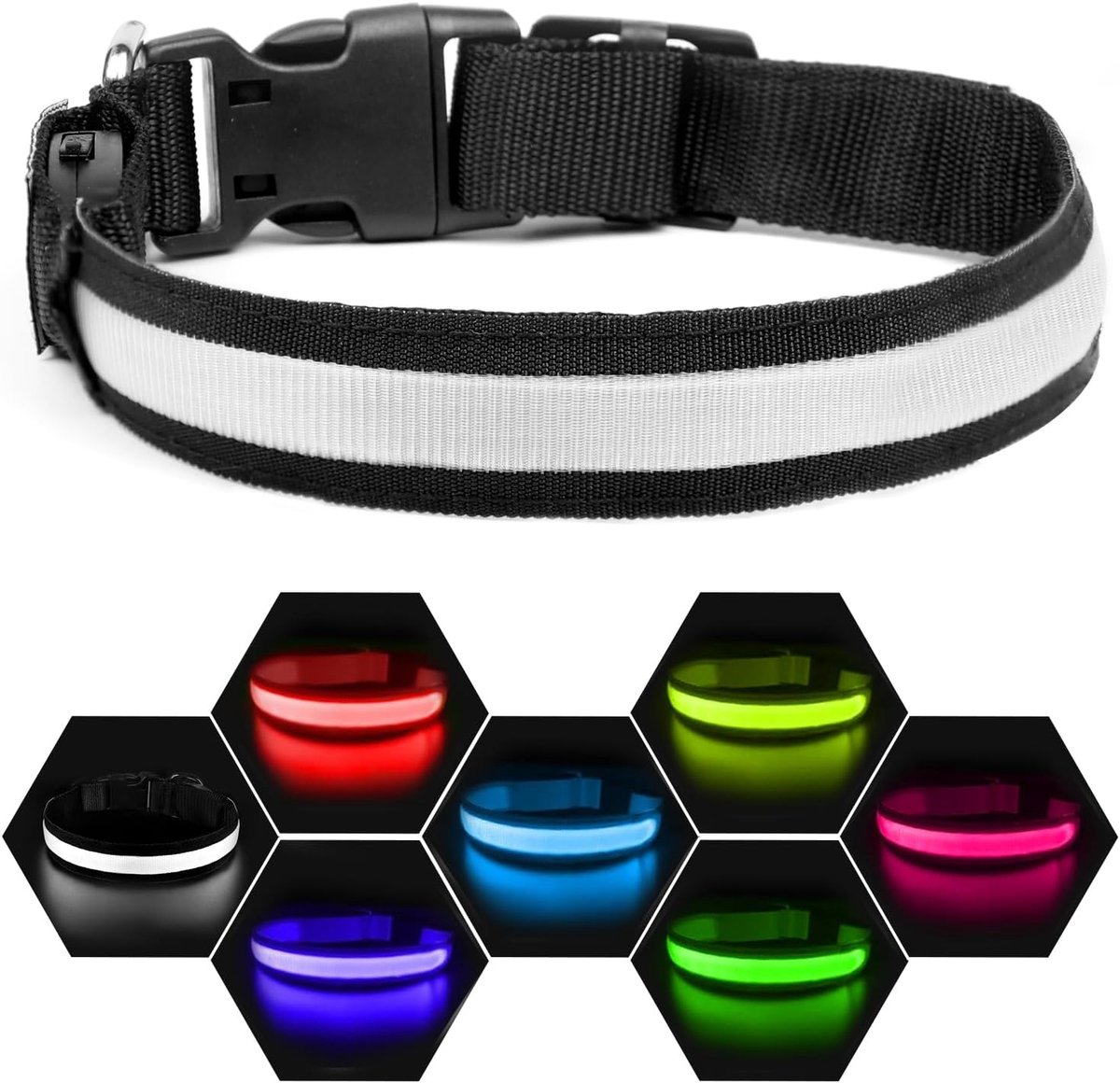 SnelShoppen - LED Hondenhalsband met 6 Kleuren en 13 Flitsmodi, Oplaadbare Verstelbare Lichtgevende Halsband voor Grote, Middelgrote en Kleine Honden