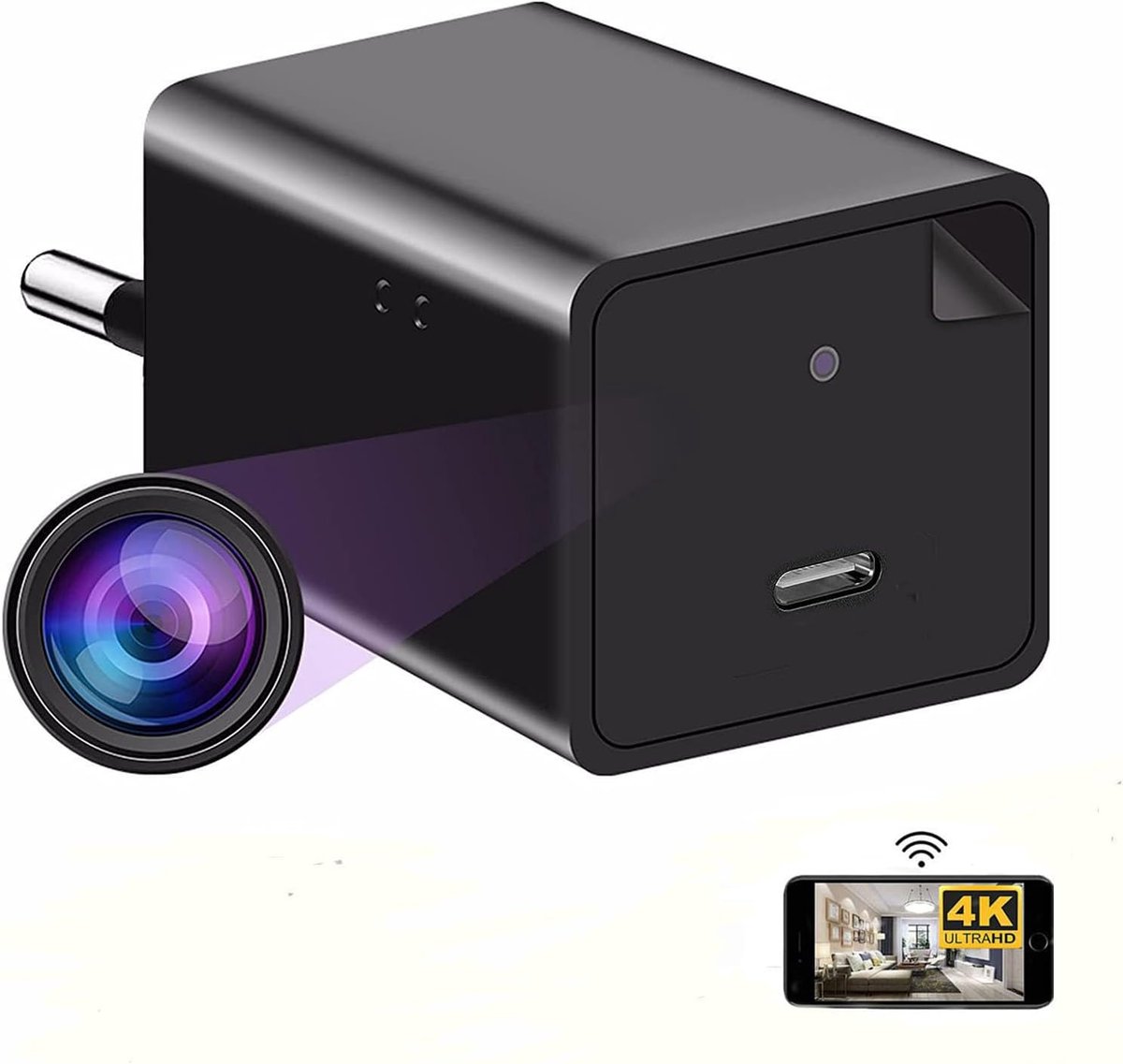 SnelShoppen - Hidden Charger 4K Spy Camera - Draadloze Full HD Mini DV 1080P USB AC Tpcy-C Wifi Nachtzicht Beveiligingscamera Met Beweging Detectie en