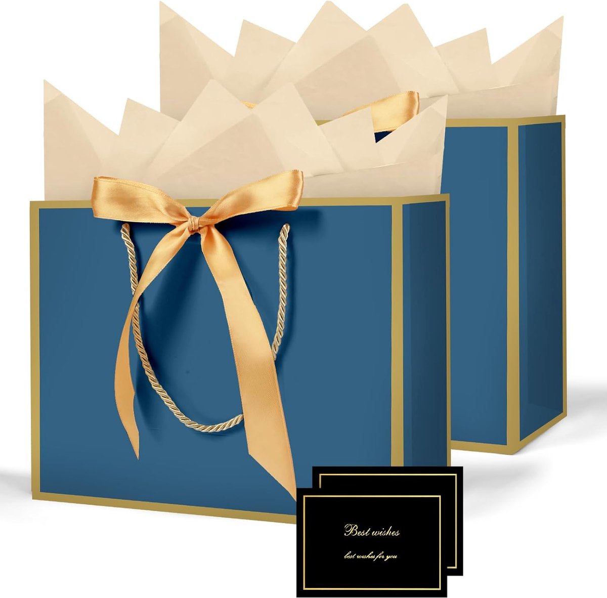 SnelShoppen - Cadeauzakjes Set 2 Stuks Papieren Geschenkzakken met Linten, 4 Vellen Zijdepapier en 2 Wenskaarten, Groot met Handvat voor Verjaardag, B