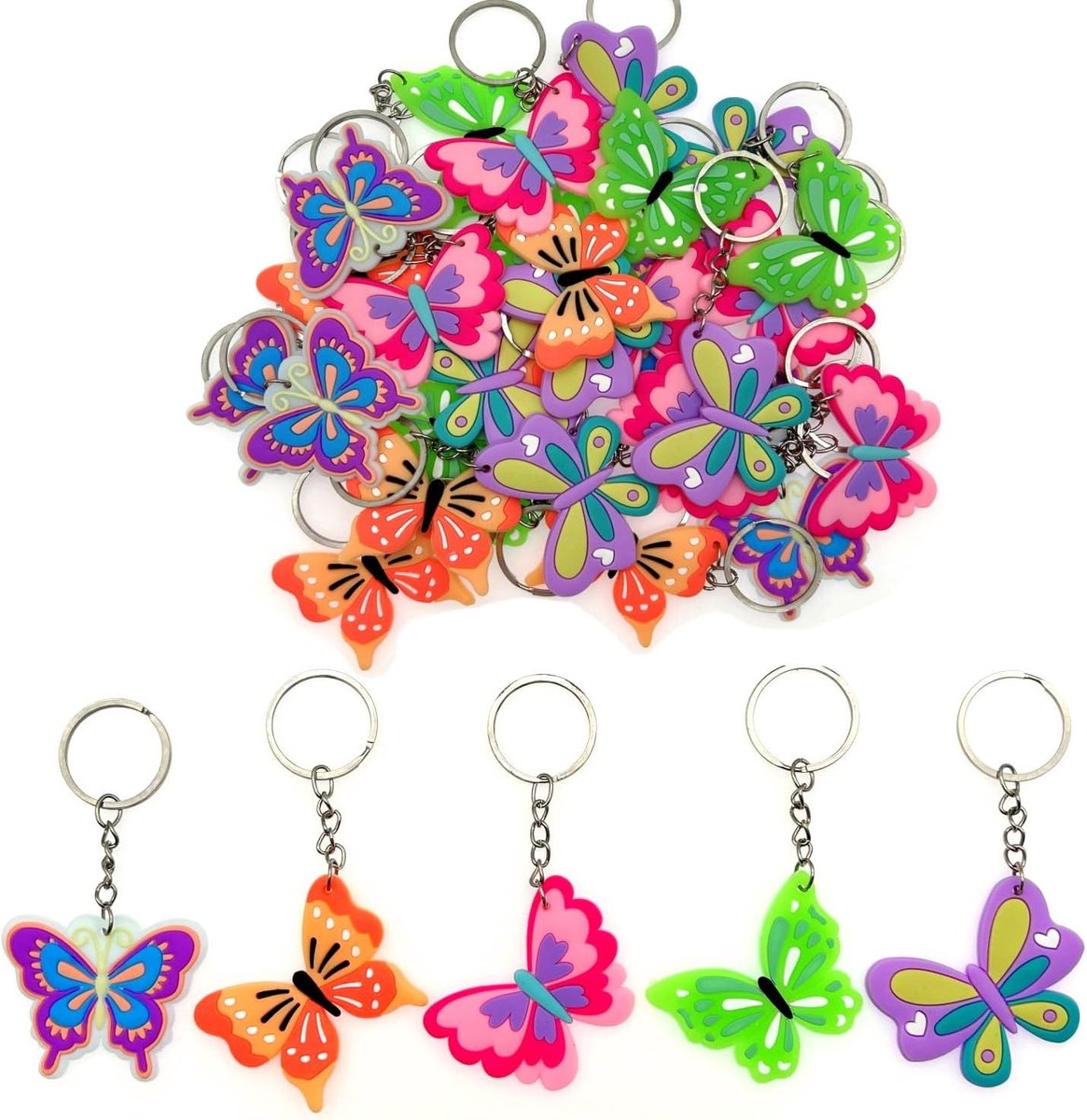 SnelShoppen - 30x Kleurrijke Vlinder Sleutelhangers Set voor Kinderen - Mini Rubber Sleutelhangers voor Verjaardag, Feestjes, Party Bag Vulling, Silic
