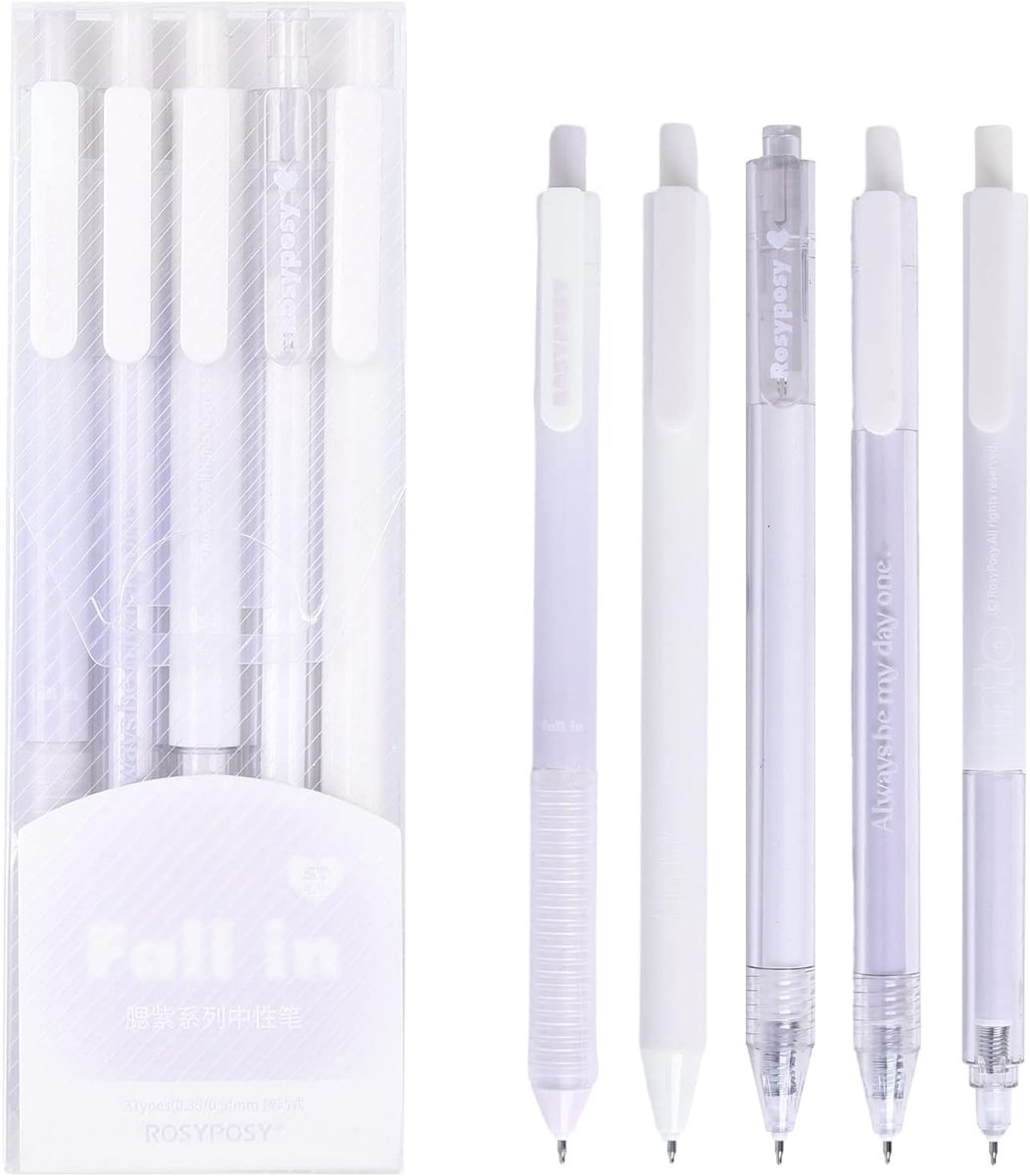 SnelShoppen - 5x Schattige Gelpennen Set Aesthetic Balpen Rollerball Met Drukmechanisme, Inktpen Retractable Zwart 0.38mm & 0.5mm