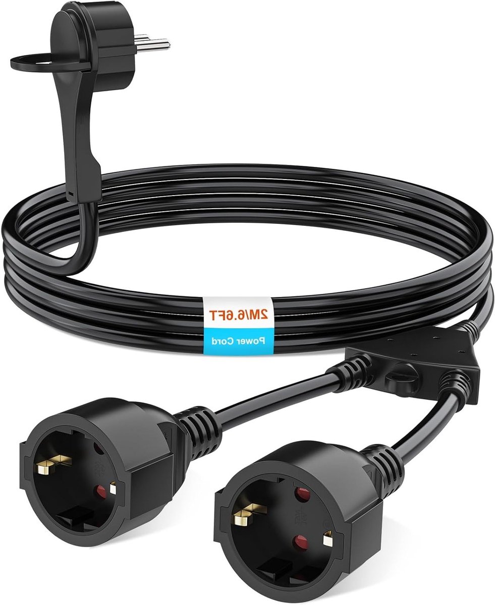 Verlengsnoer met 2 Schuko Stopcontacten, Plat Snoer 2 m, Aardbeveiliging, Binnengebruik, 250 V, 16 A, 3680 W - Zwart, Ideaal voor Thuis en Kantoor