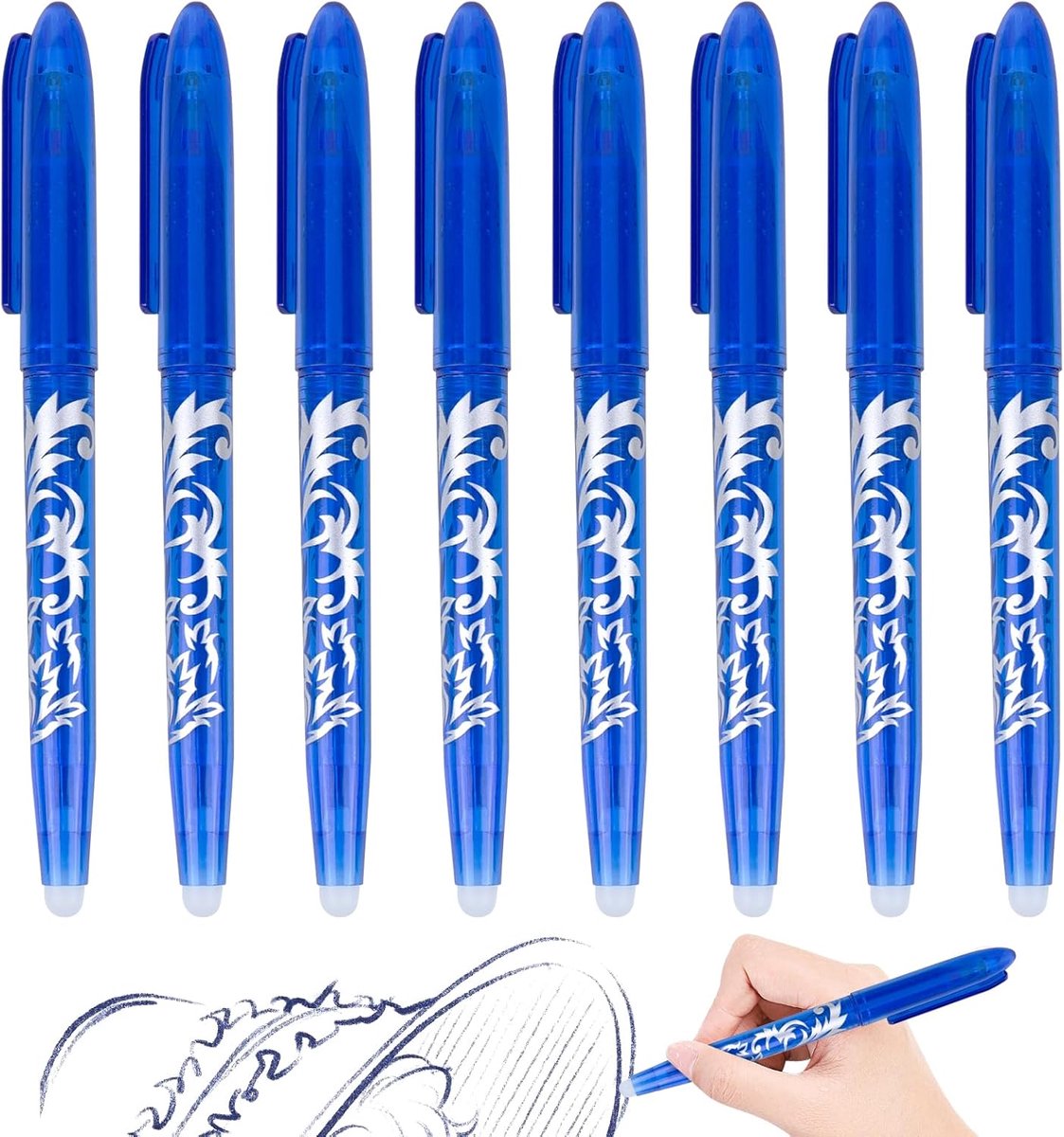 SnelShoppen - 8 Erasable Ballpoint Pens en Gel Pennen, Blauwe Frixion Pennen met Gum, 0.5mm Rollerball Pen Set voor School, Kantoor en Kinderen