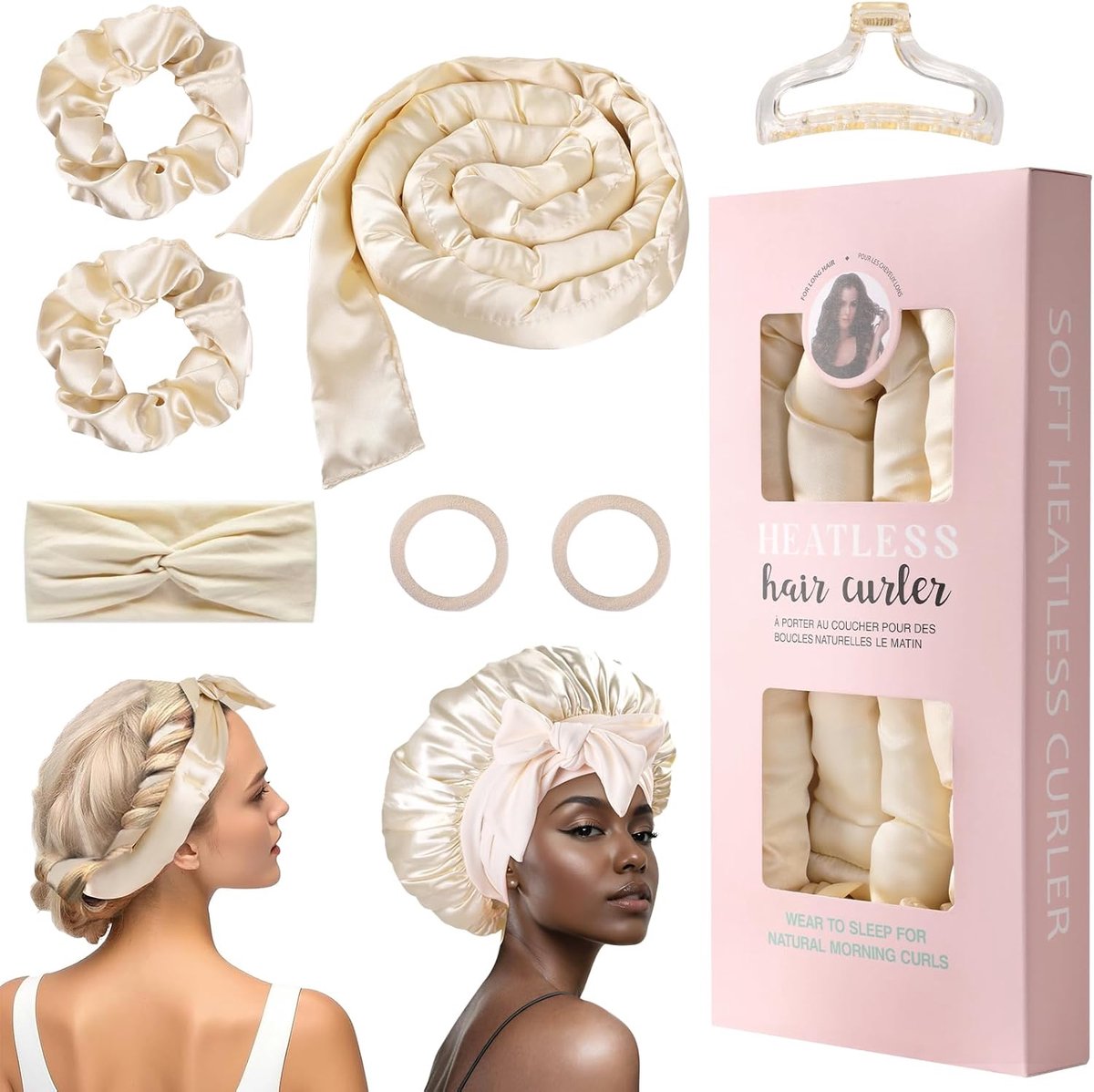 SnelShoppen - 8PCS Heatless Curlers Set, Satin Krulrollers, Haar Elastics, Douchekap, Haarbanden, Klemmen voor Nachtelijke DIY Krullen, Soft en Wasbaa