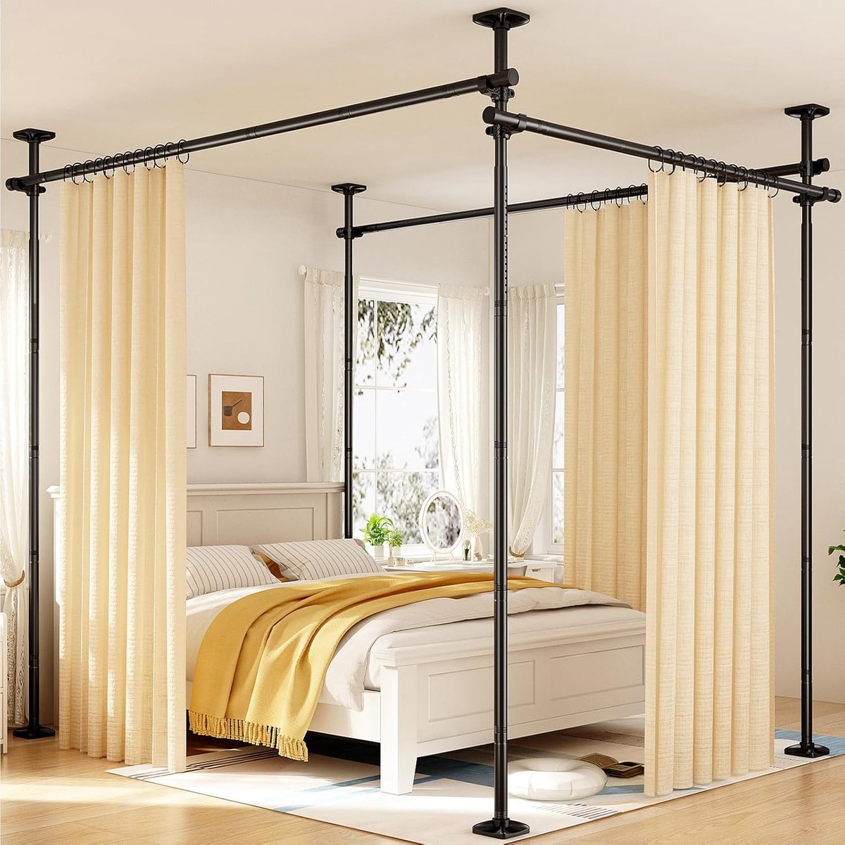 SnelShoppen - Yeabett Room Divider - Vrijstaande Gordijnroede - Geen Boorgaten - Verstelbaar 122-305 cm (H), 71-434 cm (B) - Stevig RVS - Zwart - Voor