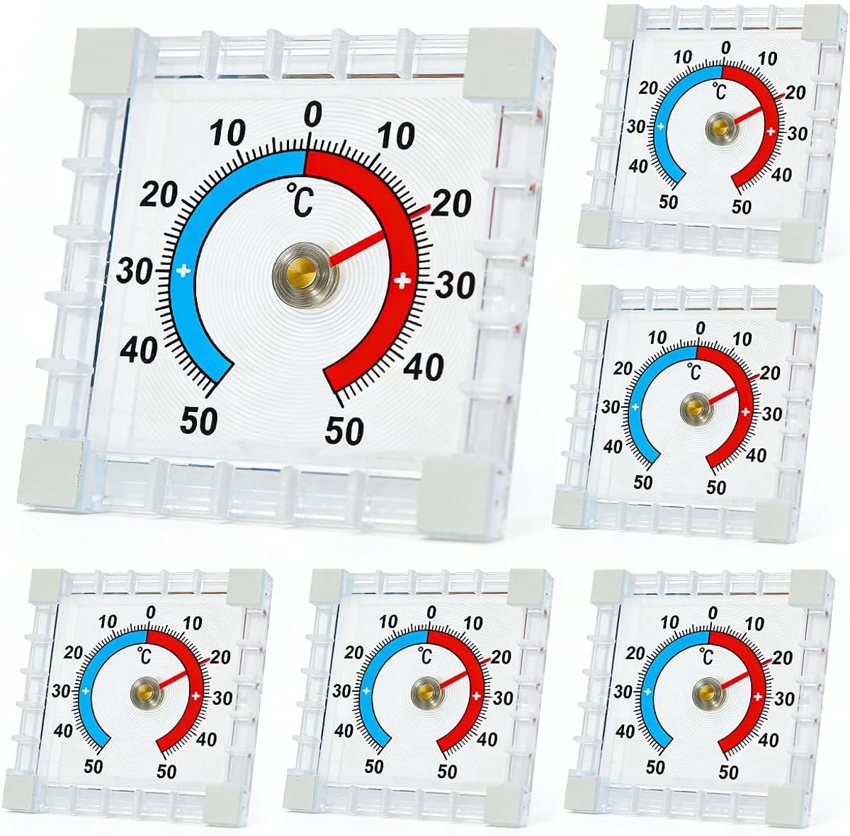 SnelShoppen - 6 Stuks Raamthermometer Voor Buiten - Zelfklevend, 7,5 x 7,5 cm, Analoog, Weerbestendig Voor Tuin, Binnen en Buiten, Ideaal Voor Alle Se