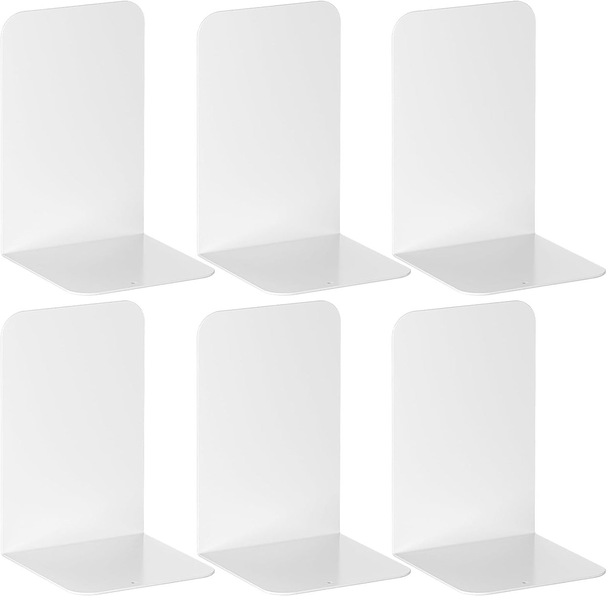 SnelShoppen - Pack van 6 Witte Boeksteunen, 20.5 x 13.5 x 9.5 cm, Robuuste Metalen Boekhouders voor Kantoor, School, Thuis en Bibliotheek