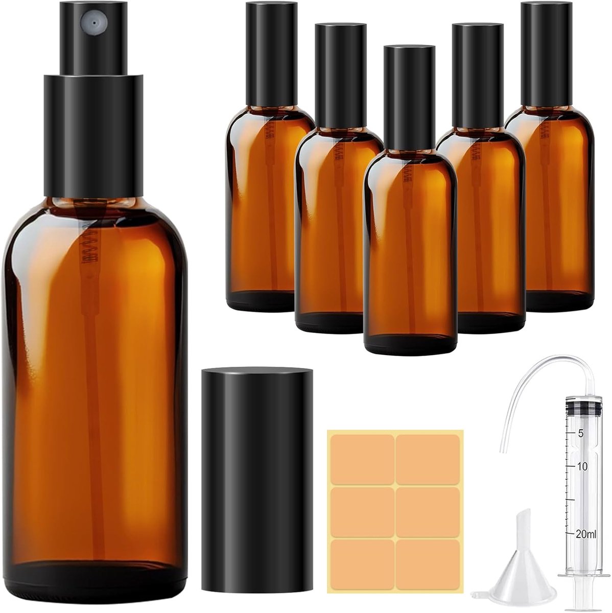 SnelShoppen - 4x 100ml Amber Glas Sprayflessen, Herbruikbare Flesjes met Fijne Mist, Perfect voor Parfum, Cosmetica, UV Bestendig, Inclusief Etiketten