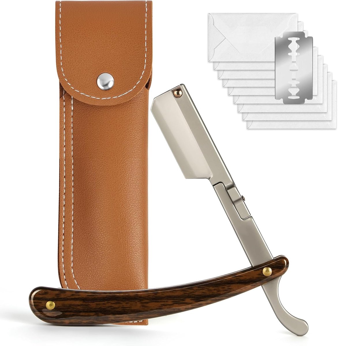 SnelShoppen - Beugo Heren Scheermes met Verwisselbare Scheermesjes, Luxe Scheermes met 10 RVS Scheermesjes en Handgemaakte Leren Etui, Perfect Cadeau
