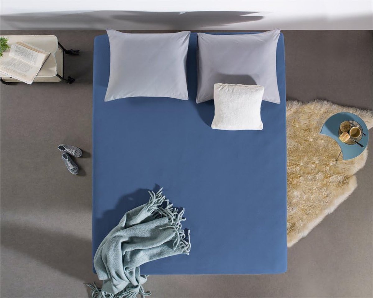 SnelShoppen - Fitted Sheet 100% Katoen, Standaard Matras tot 30 cm, Vochtabsorberend en Warmteregulerend, Blauw, 200 x 220 cm voor Comfortabel Slapen