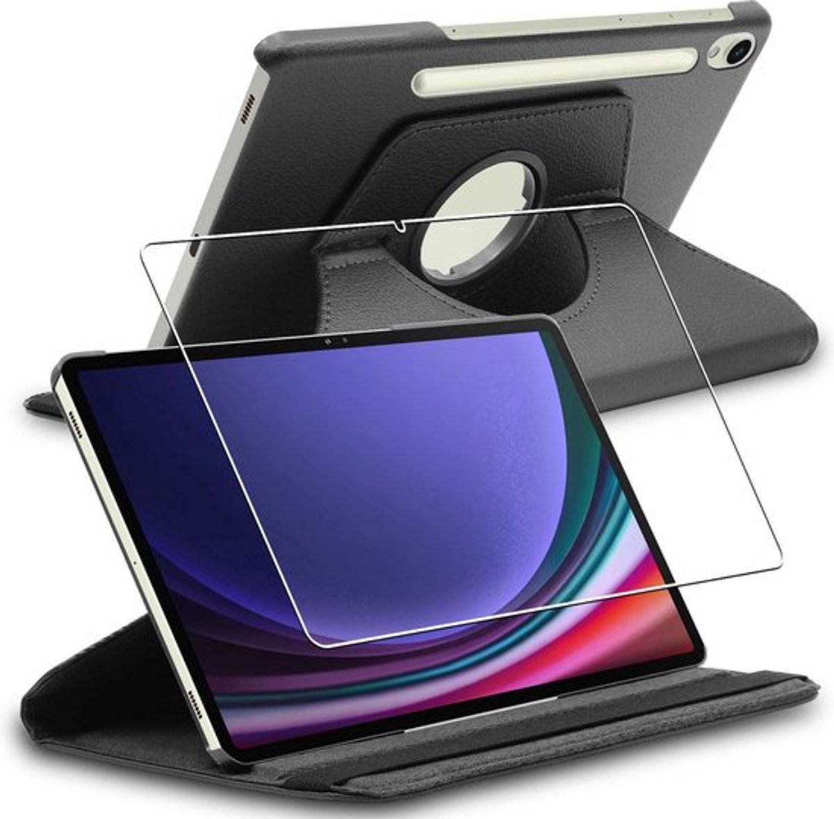 ebestStar - Hoes geschikt voor Samsung Galaxy Tab S9, 5G, Roterende Etui, Case, 360° Draaibaar hoesje, Zwart + Gehard Glas