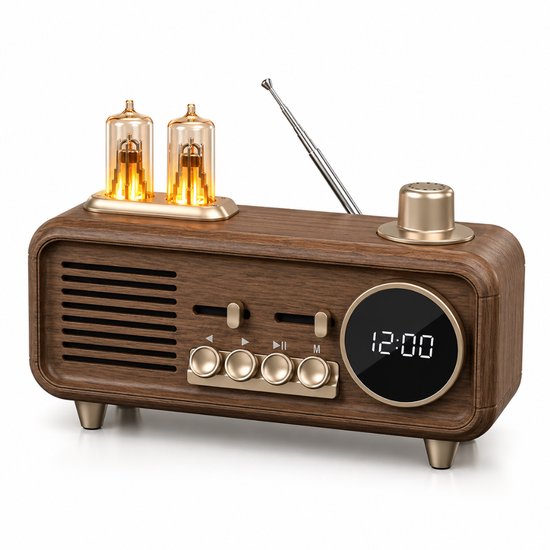 Retro klokradio speaker met buizenlamp, digitale klok, nachtlamp, 7W audio, FM radio, Bluetooth 5.4, TWS
