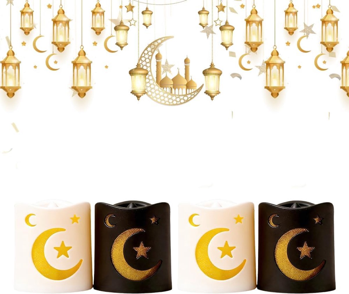 SnelShoppen - 4 Stuks Ramadan Decoratieve LED Kaarsen - Flameless Kandelaar - Eid Lanterns met Ster en Maan - Tafel Decoratie voor Ramazan - Zwart en