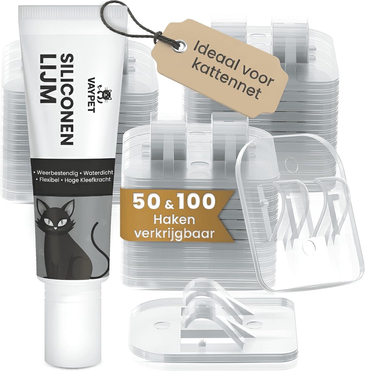 SnelShoppen - 50 Transparante Adhesive Hooks + 30ml Siliconen Lijm - Weerbestendig Voor Buiten - Extra Sterke Haakjes Voor Balkon, Terras, Raam, Katte