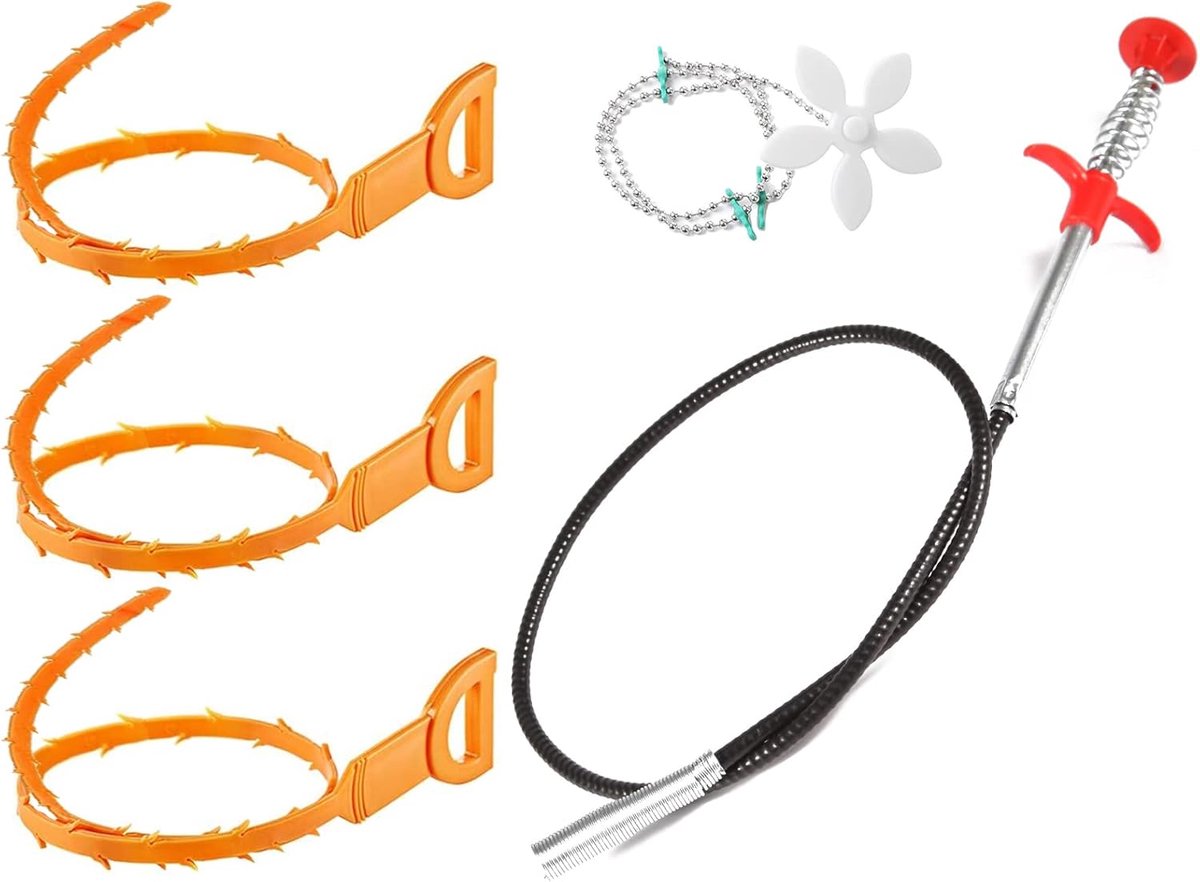 SnelShoppen - 5-delige Drain Unblocker Tool Set - Rvs Snake, Oranje Dredging Slang en Bloemvormige Ontstopper - Herbruikbare Afvoer Reiniger voor Keuk