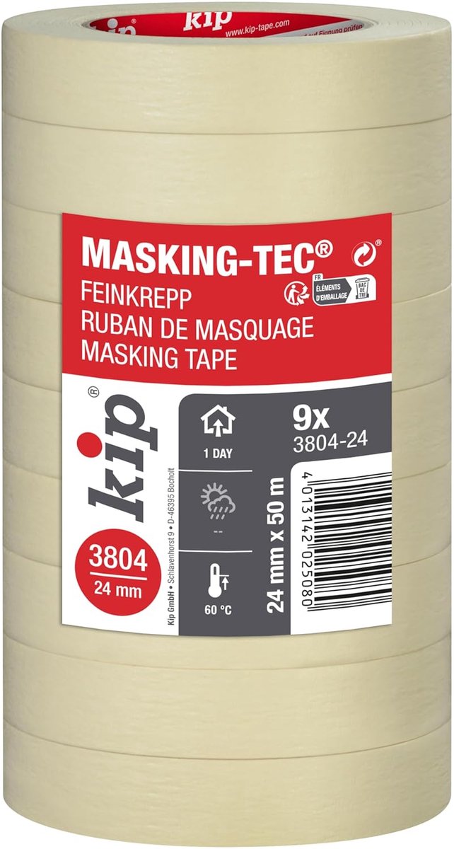SnelShoppen - Kip 3804 Hoogwaardige Crepe Tape voor Schilderen en Decoratie - Maskingtape 24 mm x 50 m - Ideaal voor Vlies en Afdekfolie - Set van 9 R