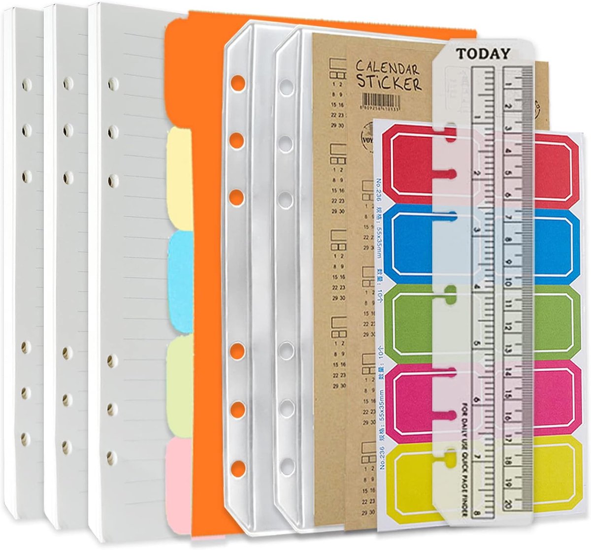 SnelShoppen - Refillable A5 Notebook Set - 3x Lined Refill Paper, 2 Zipper Folders, 5 Dividers, Ruler Marker, Index Tabs voor 6-Ring Planner en Dageli