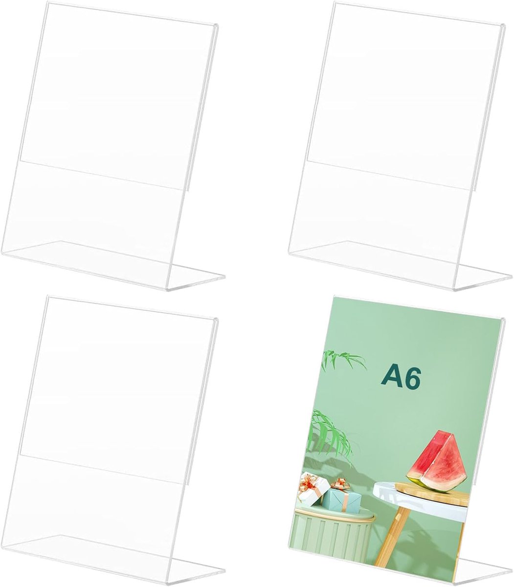 SnelShoppen - A6 Acrylic Table Stand - 4 Stuks Transparante L-vormige Displays - Duurzaam en Sterk Acryl - Perfect voor Kantoor, Restaurant, Winkel -