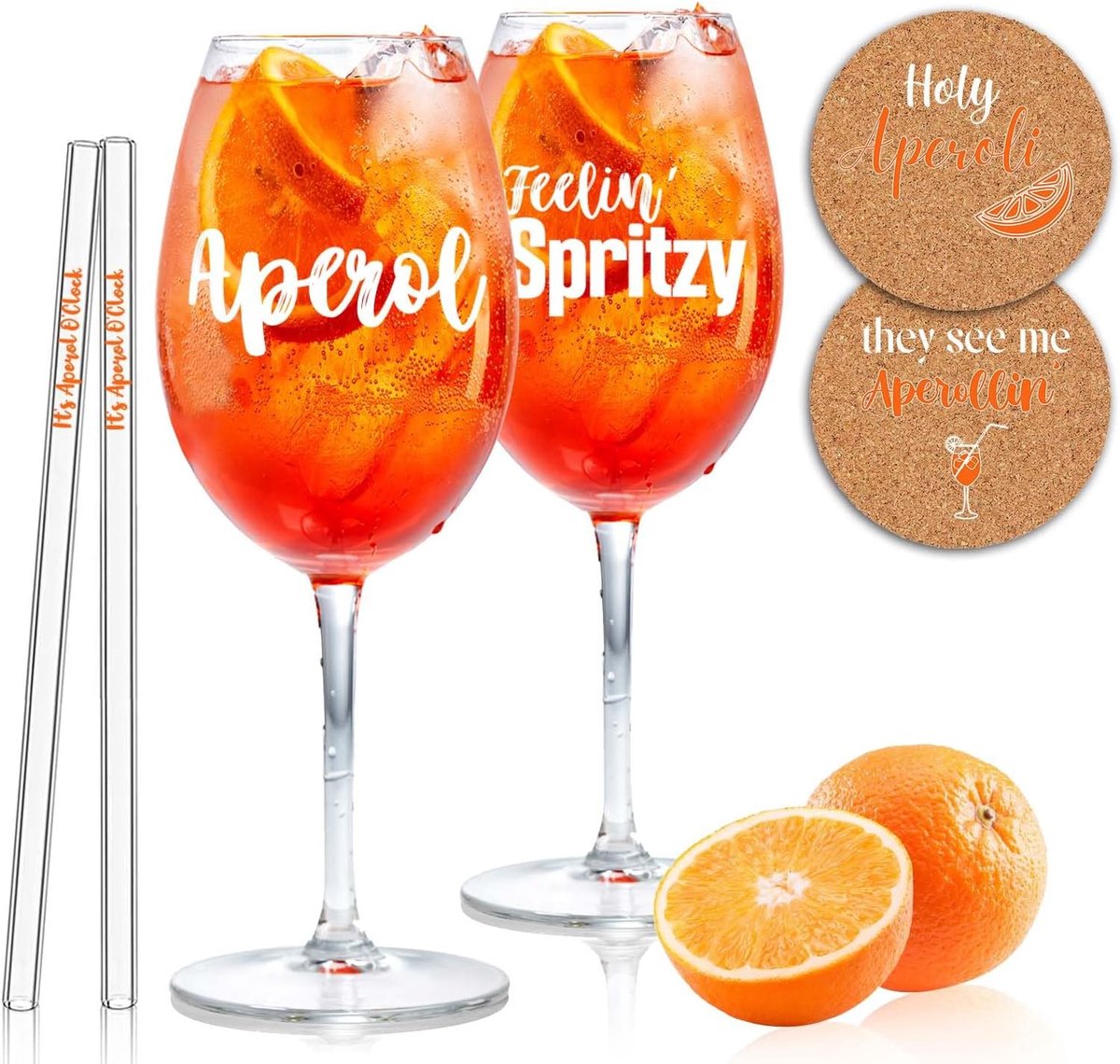 SnelShoppen - Aperol Spritz Glazen Set van 2 met Gravure, Kurken Coasters en Glazen Rietjes, 360 ml, Perfect voor Feestjes en Tuin
