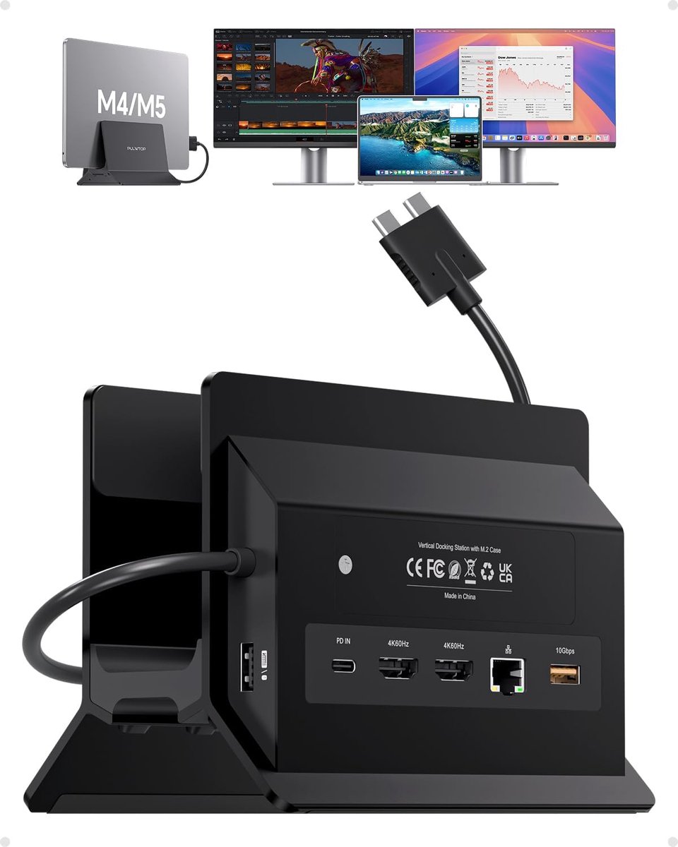 SnelShoppen - MacBook Dockingstation Dubbele Monitoren USB-C 4K @ 60Hz Dual HDMI, 10 Gbit/s USB A/C, Ethernet, NVMe SSD Behuizing, SD/TF Verticale Doc