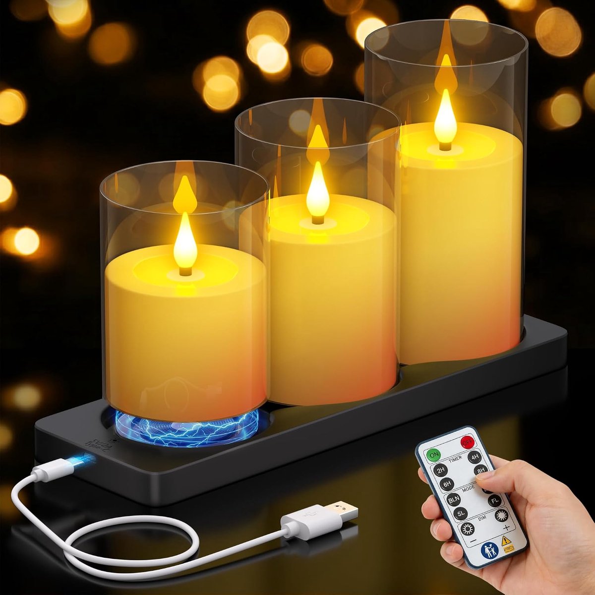 SnelShoppen - Oplaadbare LED Kaarsen met Magnetische Oplader | 3 Stuks Stompkaarsen met Afstandsbediening en Timer voor Kerstmis, Halloween en Woondec