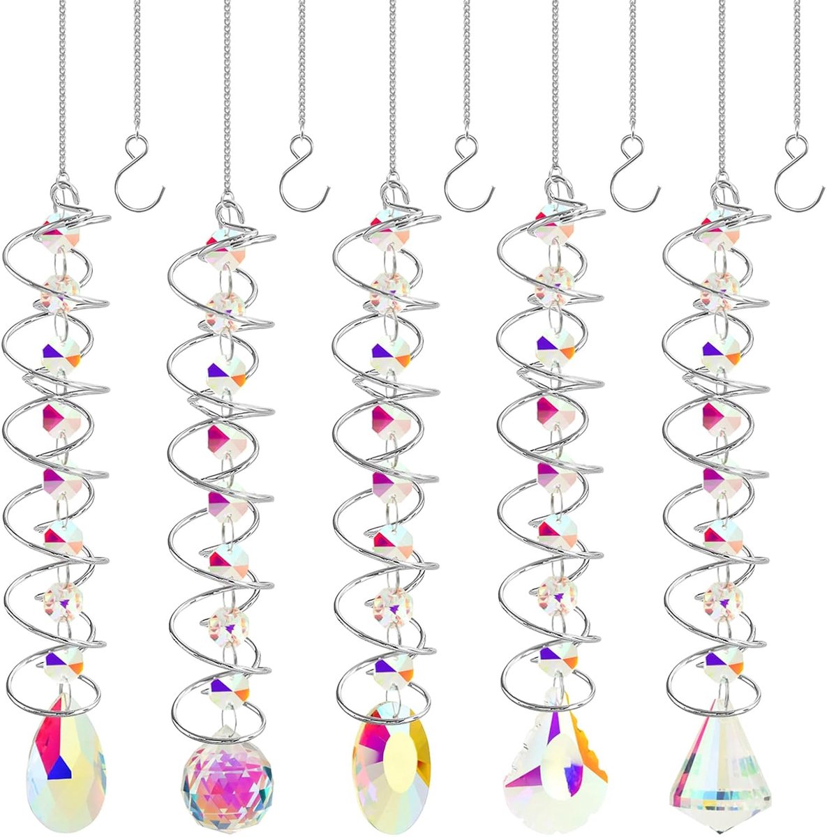 SnelShoppen - Pack van 5 Crystal Sun Catchers met Dubbele Spiraal, 45cm Wind Spinner voor Tuin Decoratie, Hangende Kristallen voor Binnen en Buiten, K