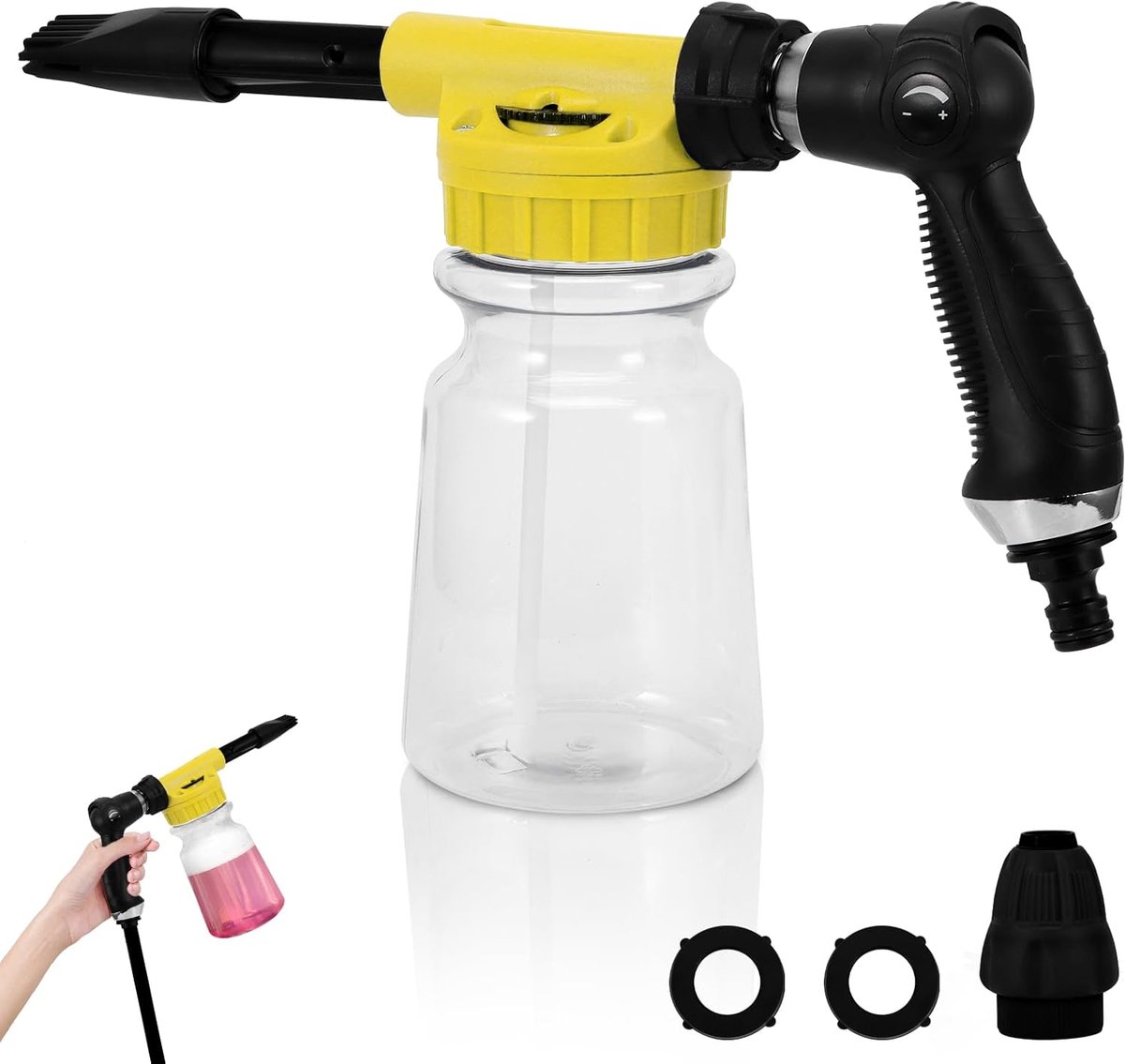 SnelShoppen - Foam Gun Car Wash 1000ml, 2-in-1 Verstelbare Foam Lance, Foam Gun voor Auto- en Motorreiniging, Tuinslang Connector, Geel