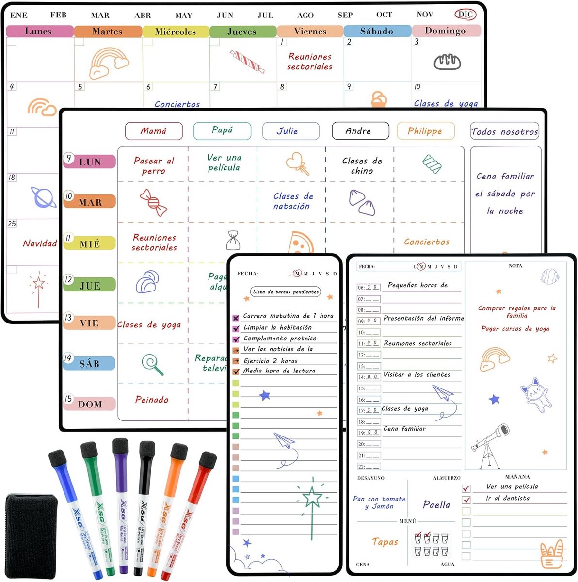 SnelShoppen - Magnetisch Whiteboard Family Planner - Afwasbaar - Set van 4 - Spaans - Perfect voor Keuken, Gezinsorganisatie en Dagelijkse Planning
