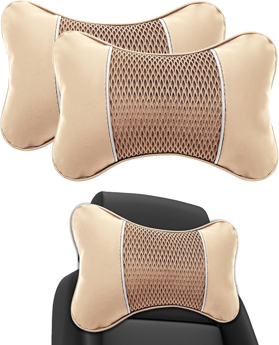 SnelShoppen - 2 Stuks Neksteun Kussen voor Auto, Ademend Hoofdkussen, Auto Accessoires, Verstelbaar, Beige, Comfortabel, Auto Zitkussen, Hoofsteun Kus
