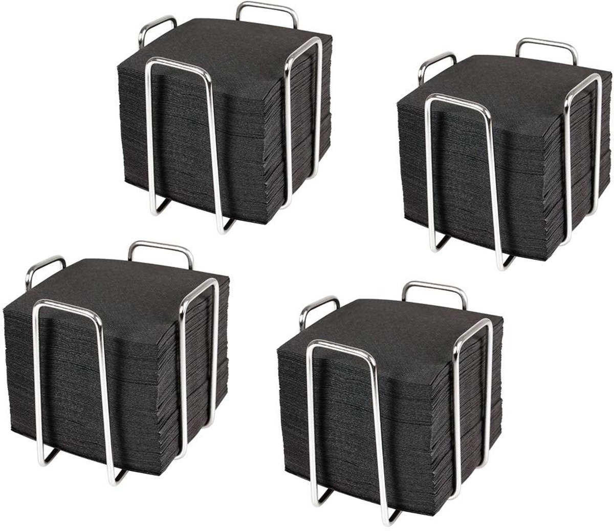 SnelShoppen - Set van 4 Cocktail Servet Houder Ringen met 400 Stuks Zwarte Disposable Papieren Servetten 10x10 cm - Robuust RVS voor Feest, Tuin, Keuk