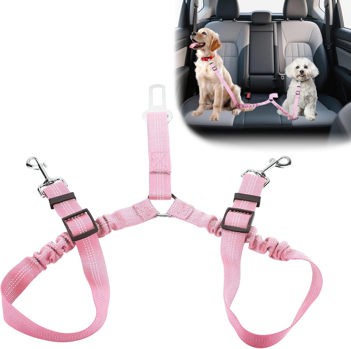 SnelShoppen - Hondenharnas voor Auto's UK, 360° Tangle Free Dubbele Hondenriem, Verstelbaar Autoharnas voor 2 Honden, Reis Huisdier Veiligheidsaccesso