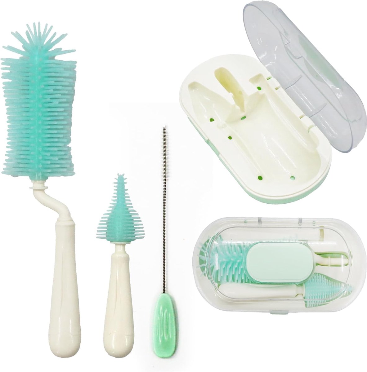 SnelShoppen - 7-in-1 Babyfles Borstelset - Complete Flesreinigingsset met Siliconen Borstel, Fopspeen Borstel, Rietjesborstel, Zeepdispenser en Afwasr