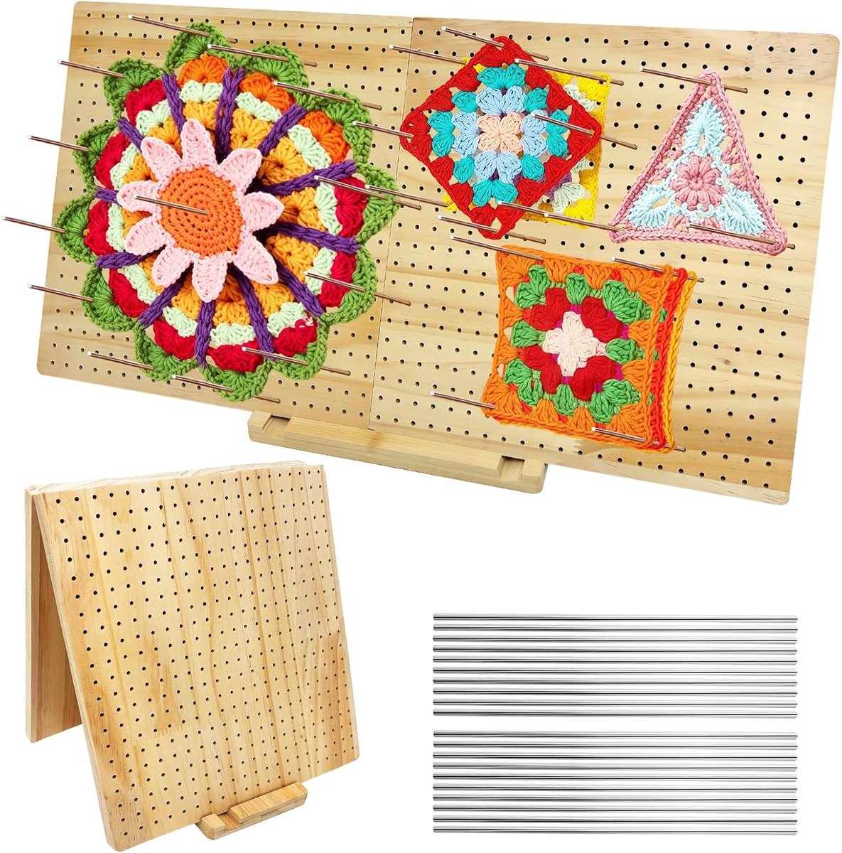 SnelShoppen - Granny Square Tensioner - Grote Blokkeer Bord met 20 RVS Stiften en 1 Stand - 58 x 29 cm Vouwbaar - Houten Haakaccessoires voor Breien e