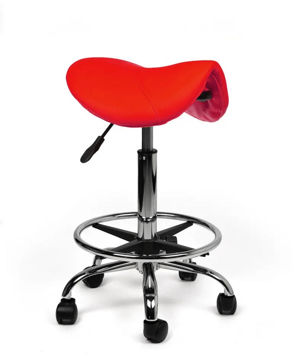 Zadelkruk Rood – Ergonomische Zadelstoel met Wielen – Verstelbare Werkkruk voor Salon, Kappers & Thuisgebruik - Zithoogte 50-68cm - met Voetsteun