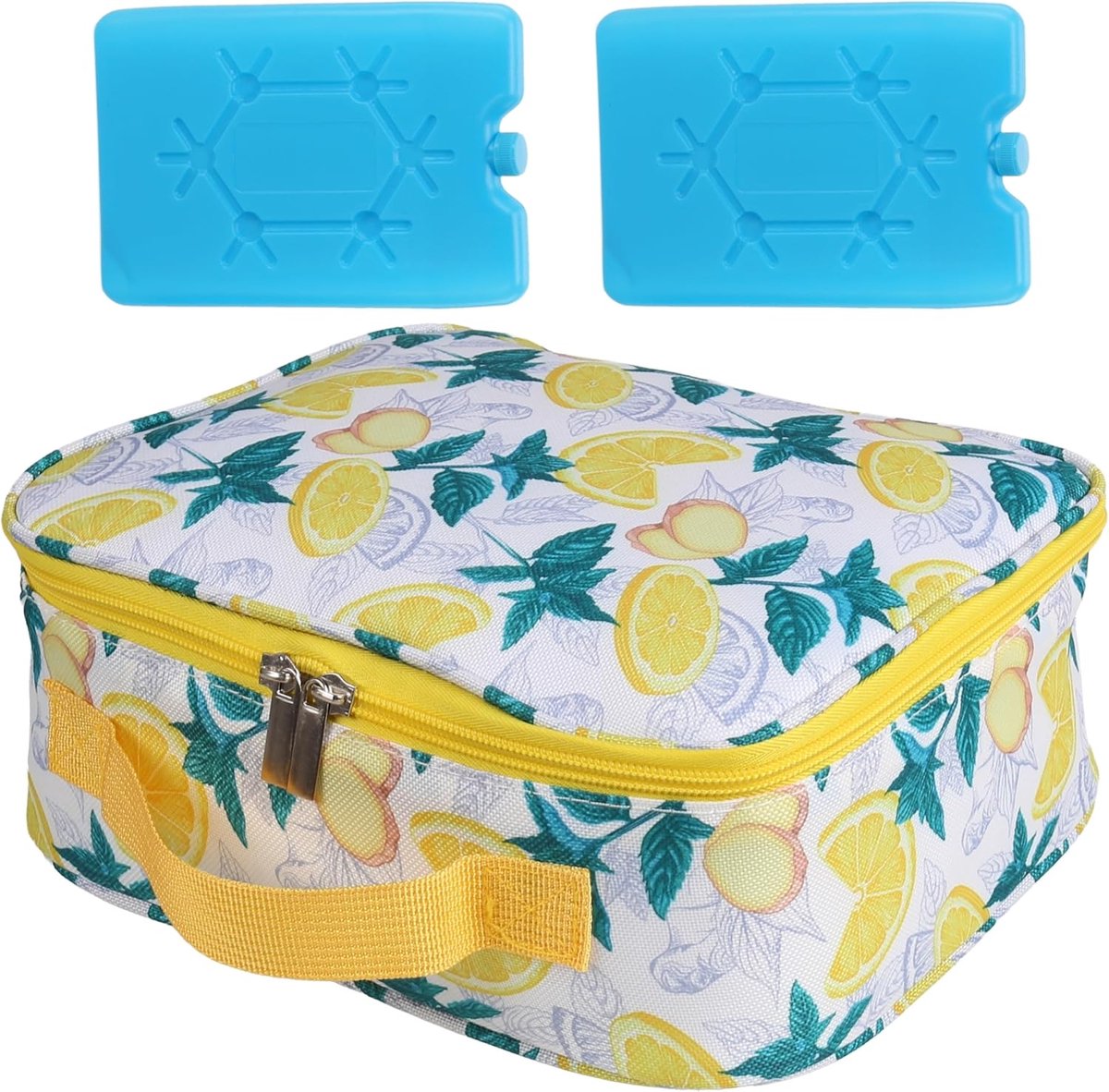 SnelShoppen - Gele 6L Koeltas met Twee Koelelementen - Geïsoleerde Lunchbox voor Werk, School, Picknick en Reizen - Trendy Citroen en Groene Bladeren