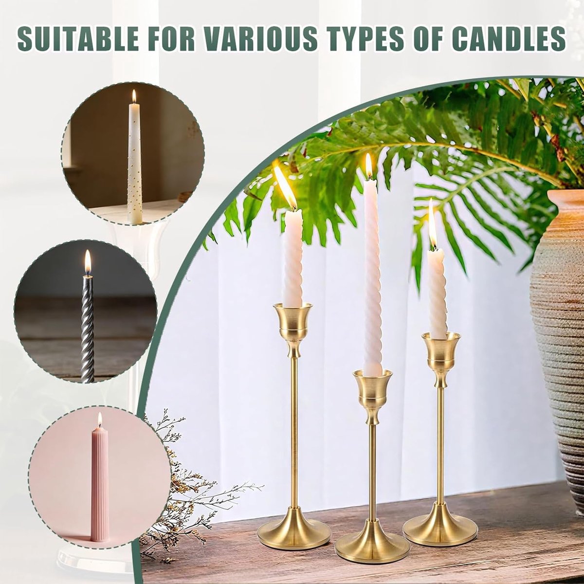 SnelShoppen - Set van 3 Gouden Kandelaars - Vintage Kandelaar in Verschillende Hoogtes (16,5 cm, 19 cm, 22 cm) - Decoratieve Tafeldecoratie voor Bruil