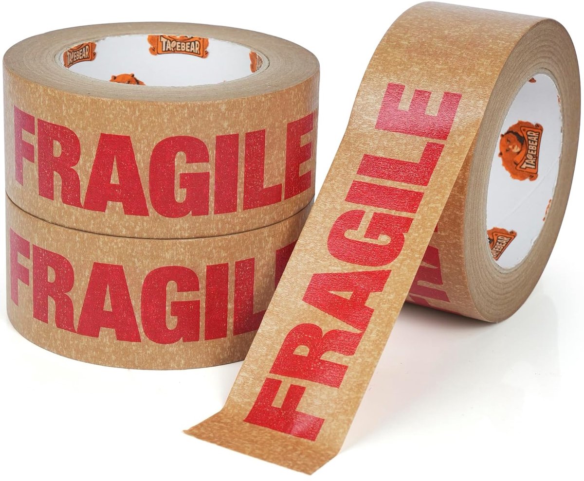 SnelShoppen - TAPEBEAR Fragile Tape 50mm x 50m - Bruine Papier Tape voor Verpakken, Verhuis en Verzenden - Milieuvriendelijk, 3 Rollen met Duidelijke