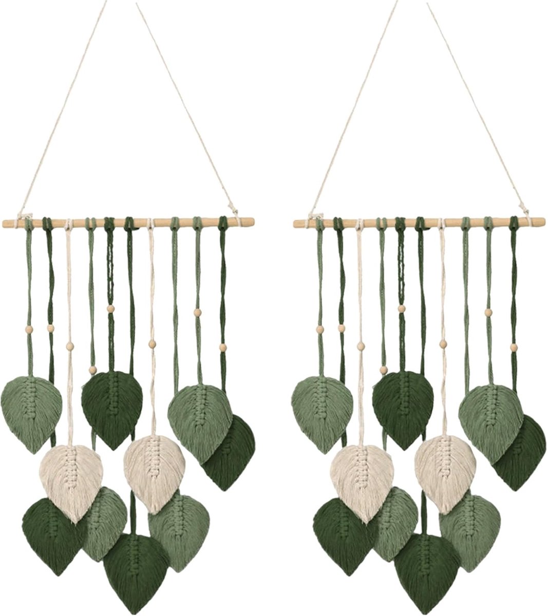 SnelShoppen - Boho Wanddecoratie Set van 2 Stuks, Handgemaakte Wandhanger met Unieke Bladeren en Houten Kralen, Groene Blad- en Veerdecor voor Woonkam