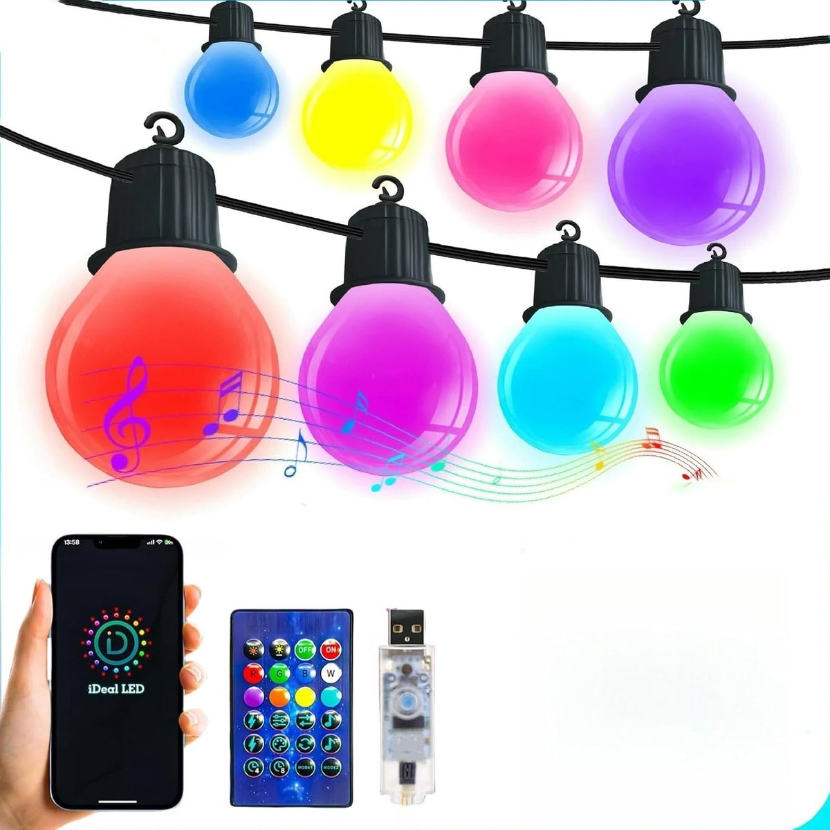 SnelShoppen - 18m LED-Lichtsnoer Buiten IP65 Waterdicht, 25 RGB G40 Gloeilampen, Smart App & Afstandsbediening, Perfect voor Tuin, Terras, Feest, Brui