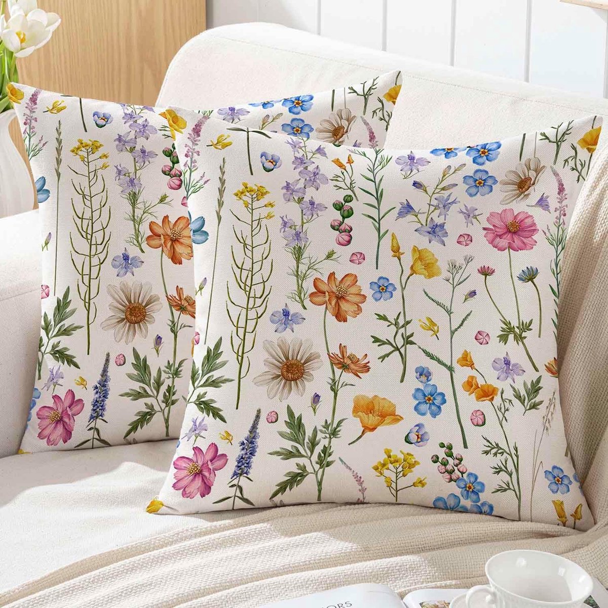 SnelShoppen - Kussenhoezen voor Bank 40 x 40 cm - Lente Bloemen, Blauw, Roze, Geel, Groen, Vlinders - Set van 2 - Voor Binnen en Buiten, Tuin Decorati