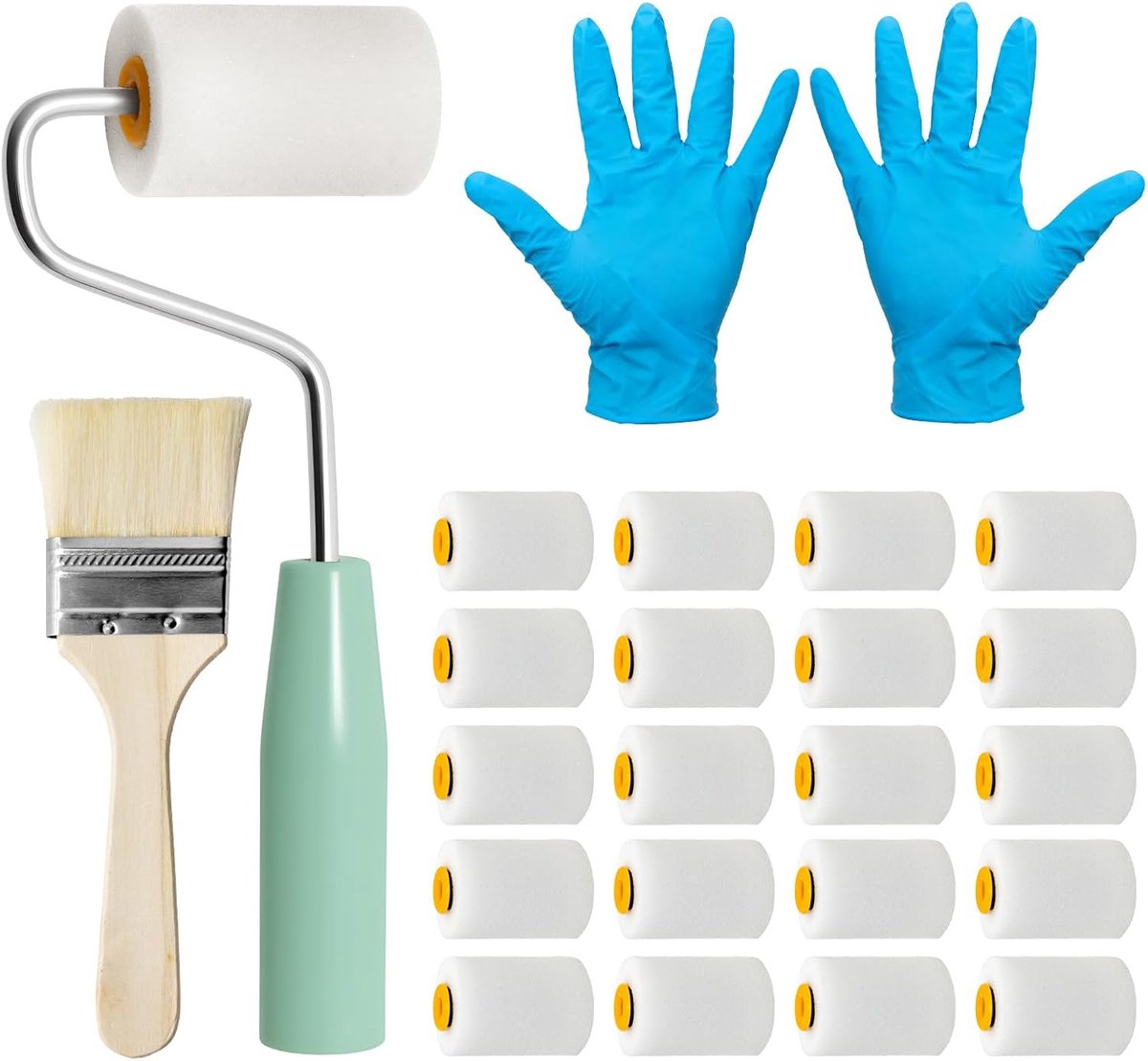 SnelShoppen - 29-delige Verf Rollen Set - Mini Verfrollers 5cm met Handvatten, Geschikt voor Muren, Meubels, Deuren en Plafonds, Perfect voor Gedetail