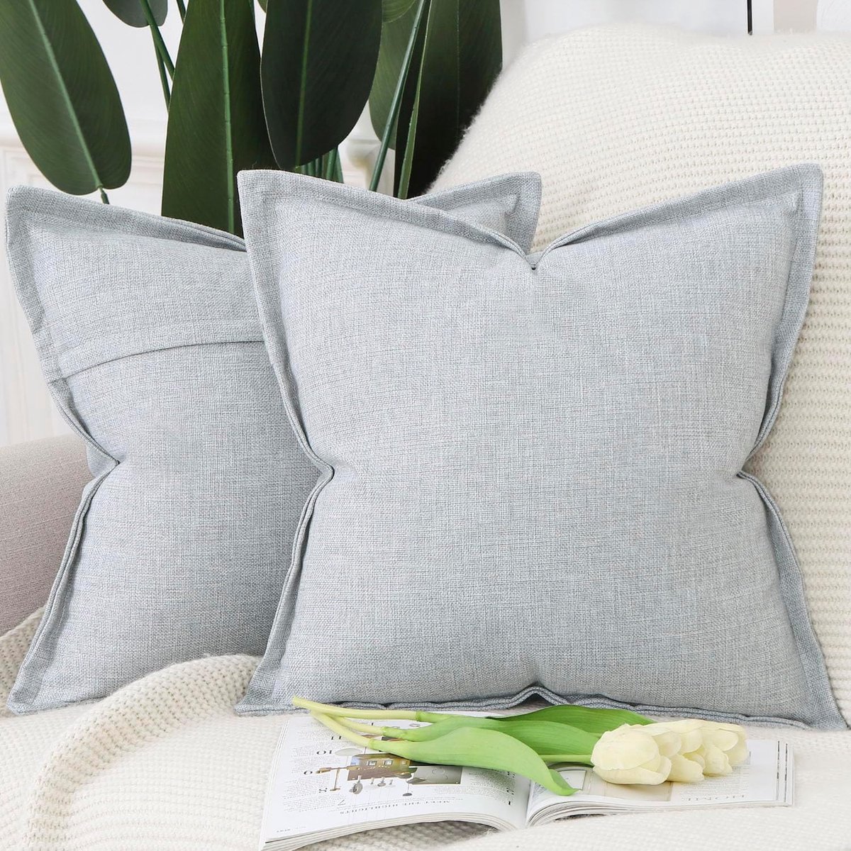 SnelShoppen - Set van 2 Imitatie Linnen Kussenhoezen 60x60cm Grijs Paars - Zachte Decoratieve Kussens voor Sofa en Slaapkamer met Brede Randen