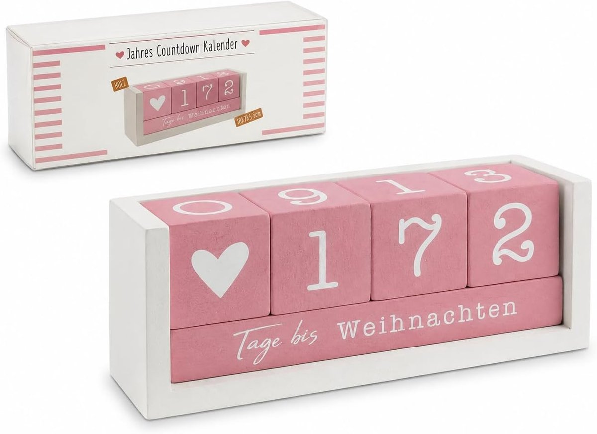 SnelShoppen - Premium houten aftelkalender met 8 motieven, duurzame tafelkalender met verwisselbare tekststrips, draaibare cijferblokjes, kleuren: wit