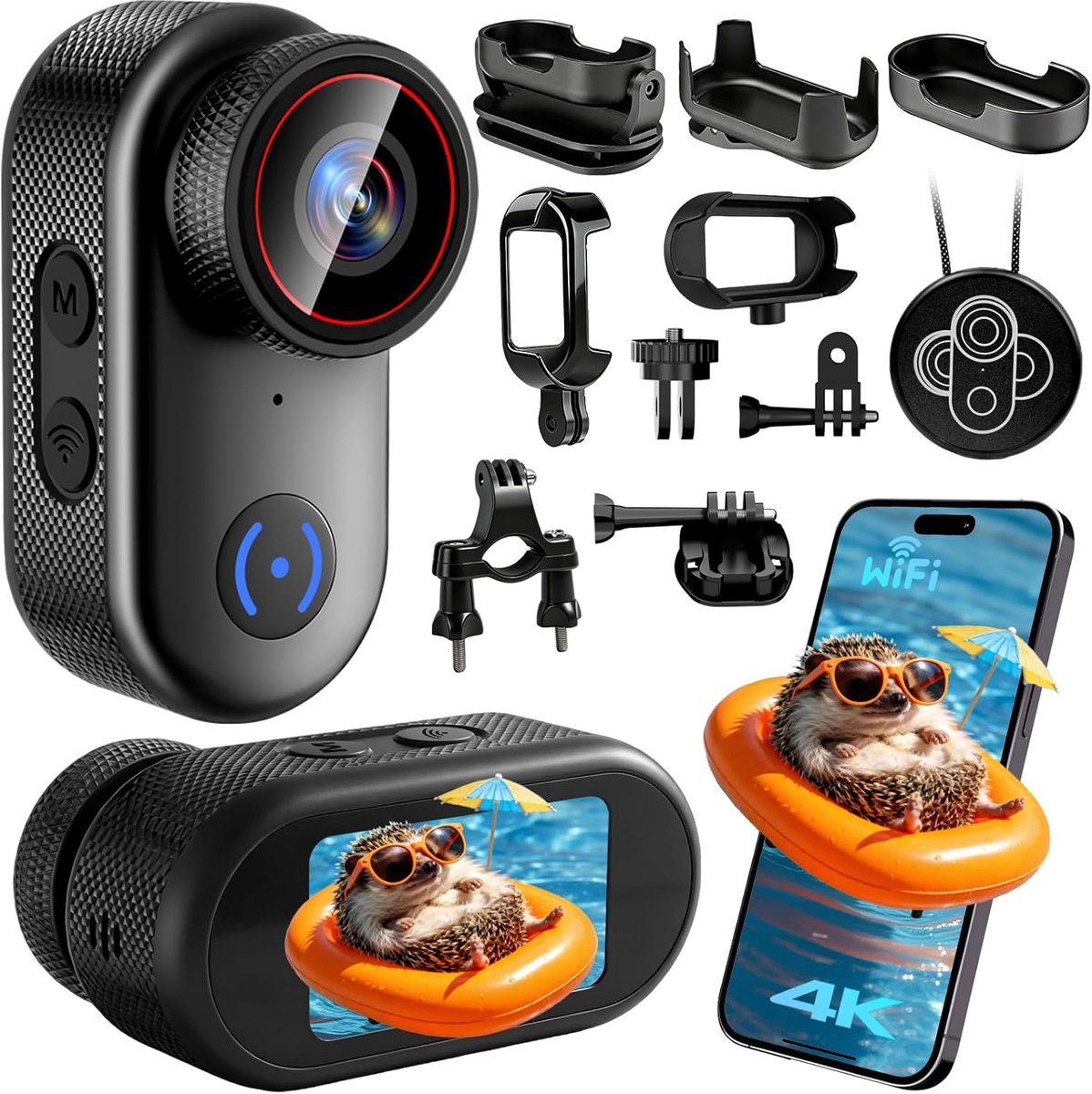 SnelShoppen - Action Cam 4K Mini Actiecamera WiFi 140° Sportcamera Helmcamera Magnetische Huisdiercamera POV-camera Voor Fietsen, Motorrijden, Reizen,