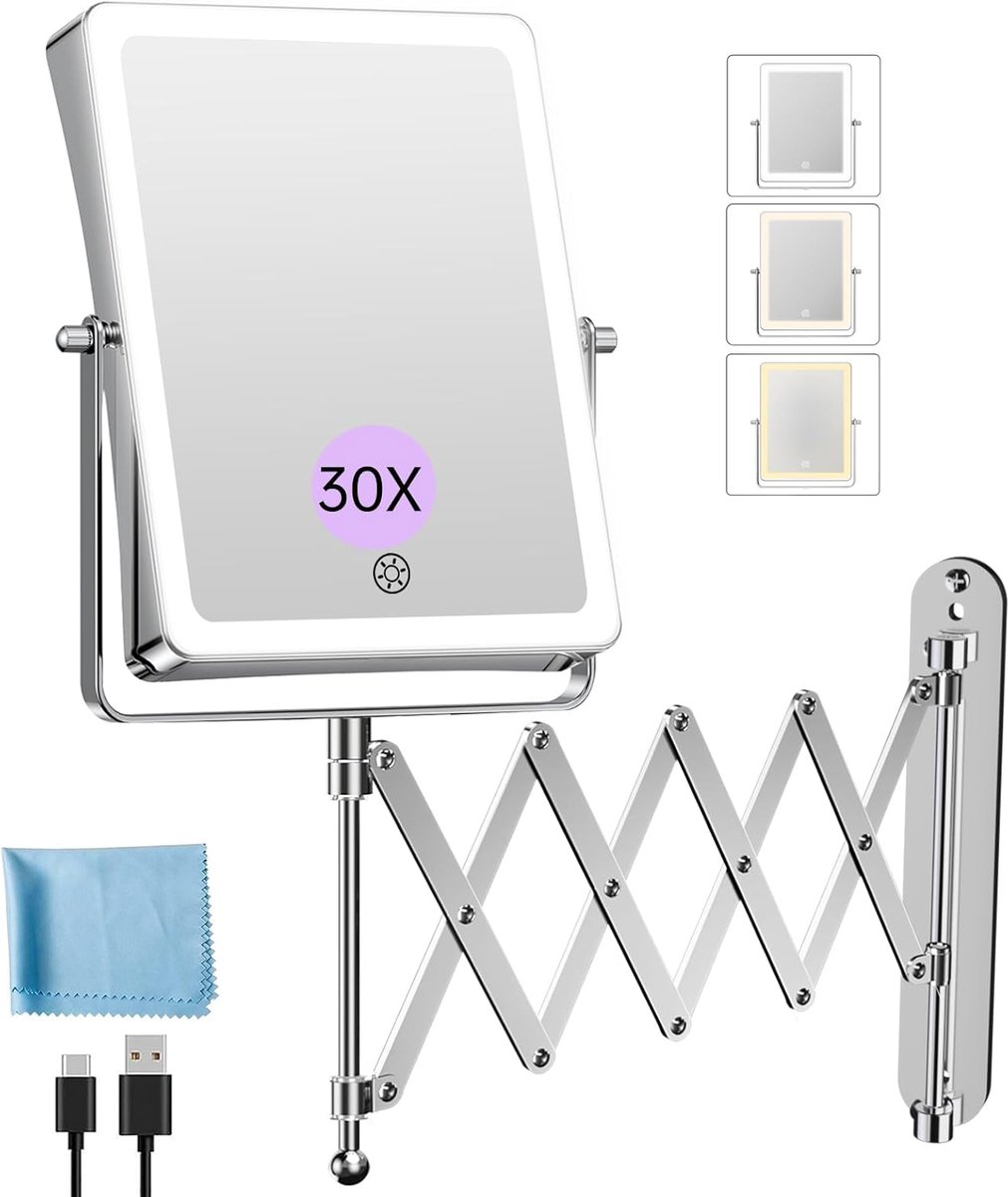 SnelShoppen - 5000mAh Oplaadbare Cosmetische Spiegel met LED Verlichting, 22cm Dubbelzijdig 1X/20X Vergroting, Wandgemonteerd, 3 Kleurtemperaturen, Di